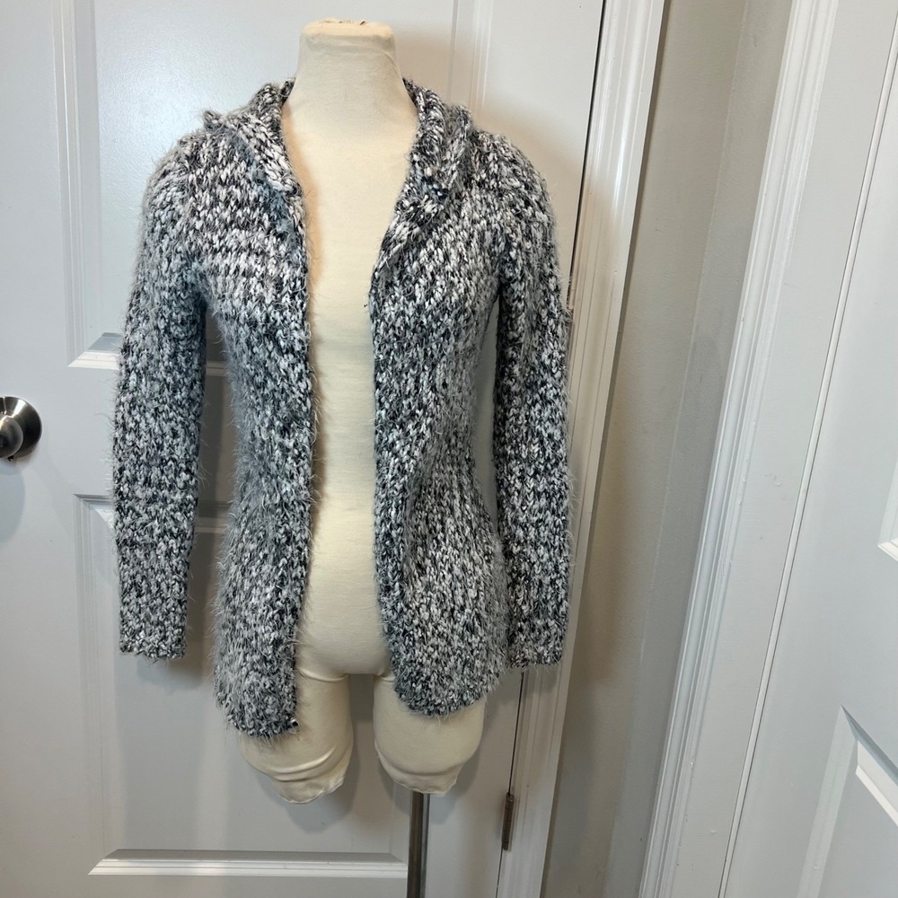 Woven Heart Womens Cardigan Hooded Marled Eyelash Knit Black White Size S
